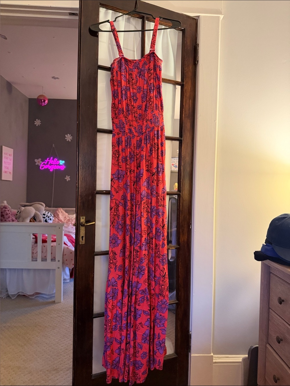 Jessica Simpson Red Floral Maxi Jumpsuit with Purple Print